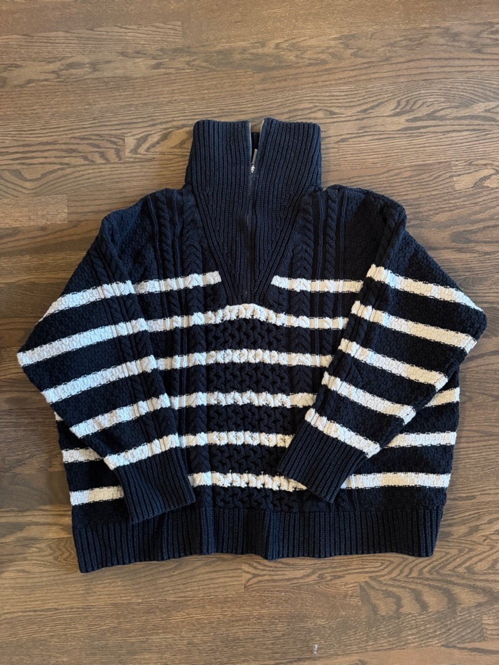 La Ligne Black & White Half-Zip Striped Cable Knit Sweater